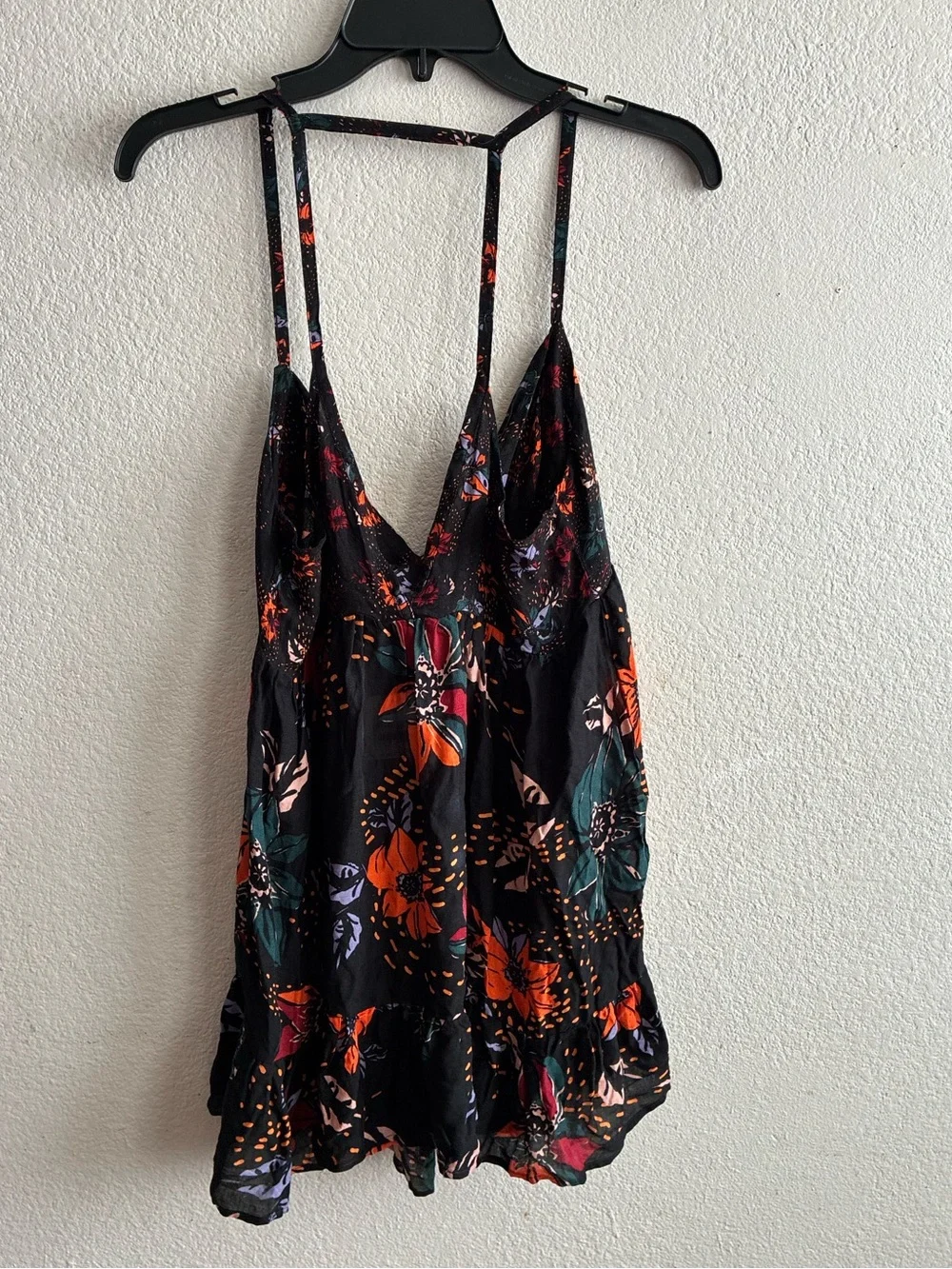 🆕Free People Intimately  Black Floral Spaghetti-Strap Babydoll Tunic Mini Dress